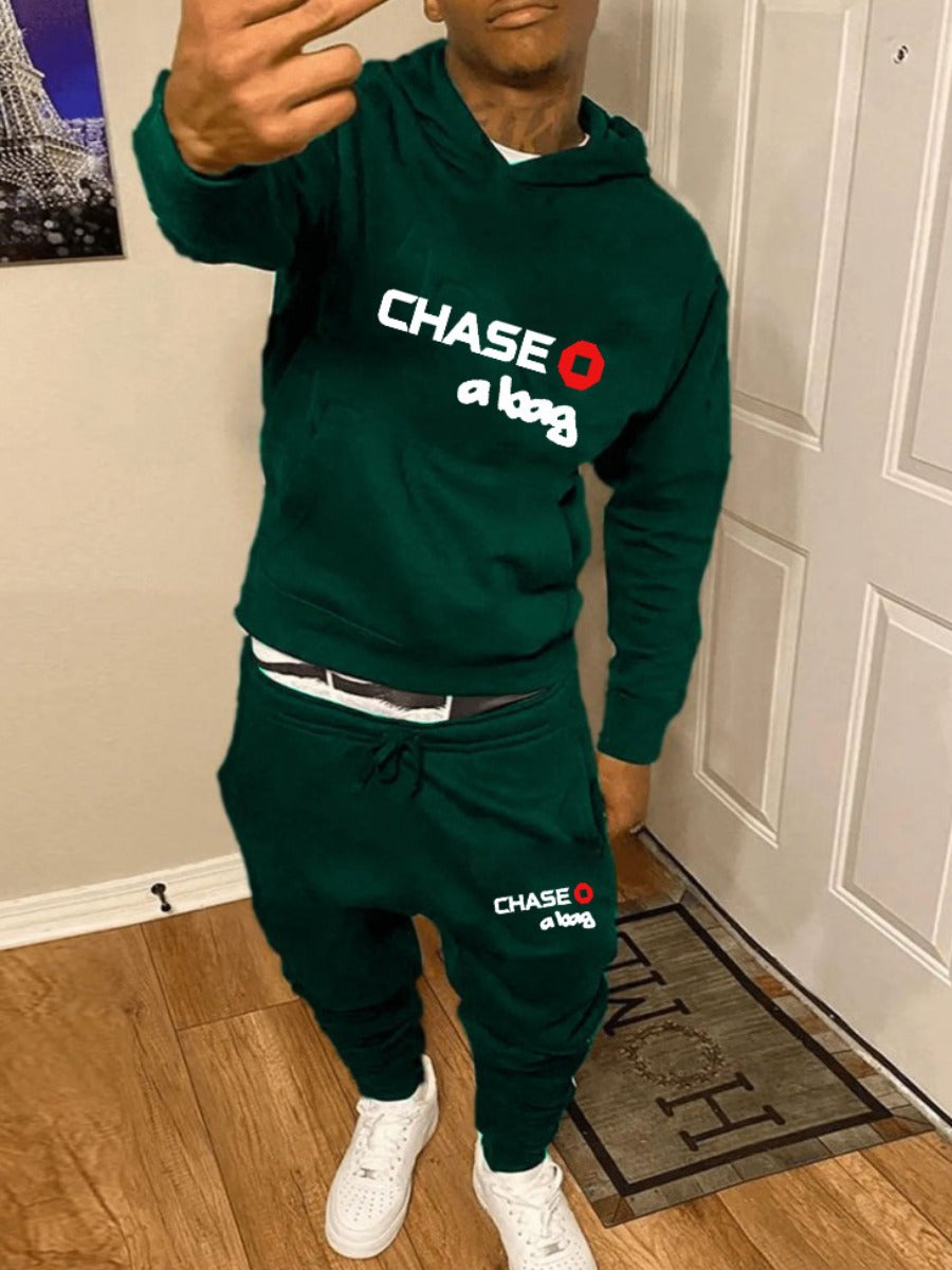 Chase A Bag Men Letter Print Kangaroo Pocket Tracksuit Set