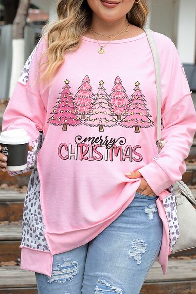 Plus Size MERRY CHRISTMAS Leopard Dropped Shoulder Sweatshirt