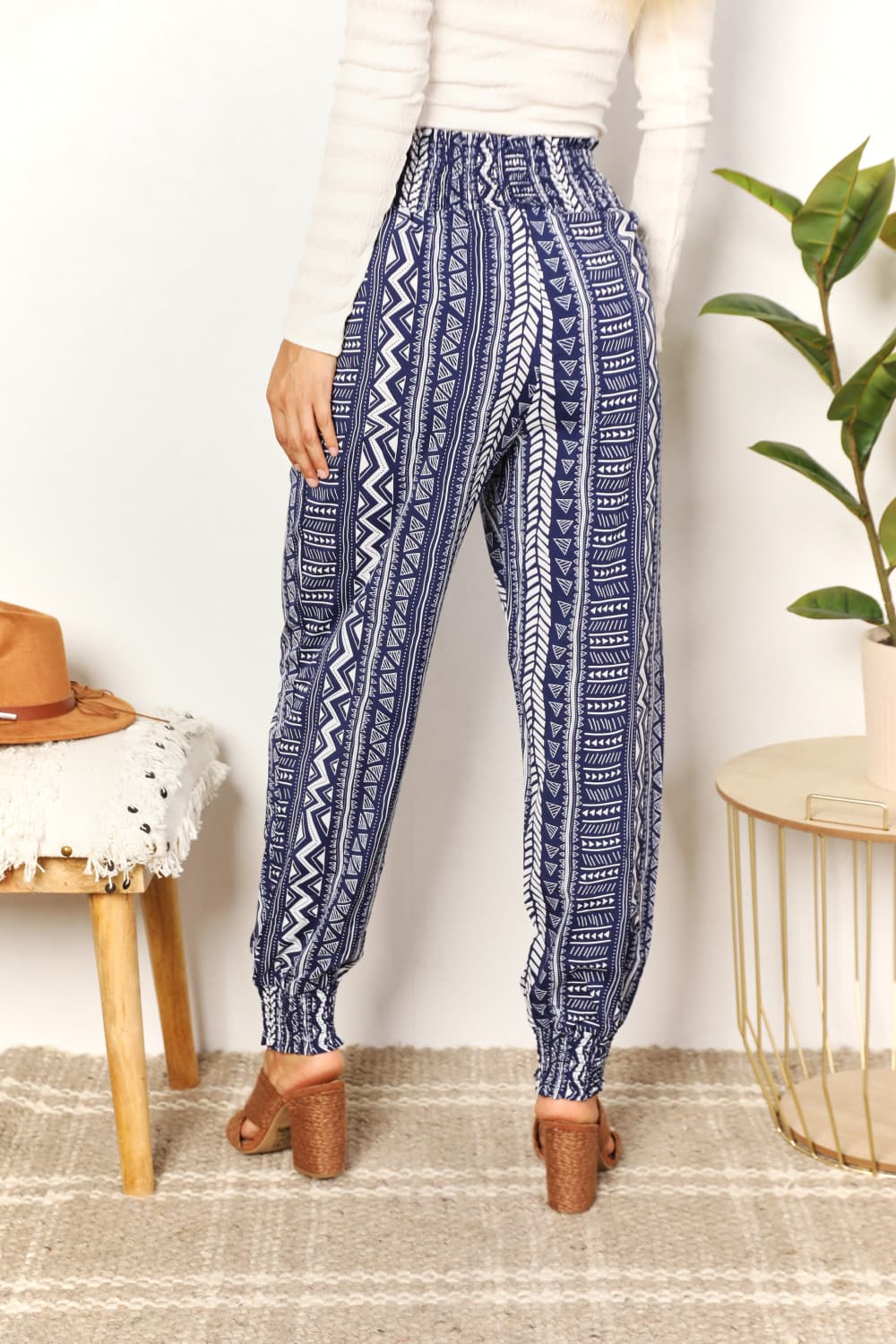 Double Take Geometric Print Tassel High-Rise Pants