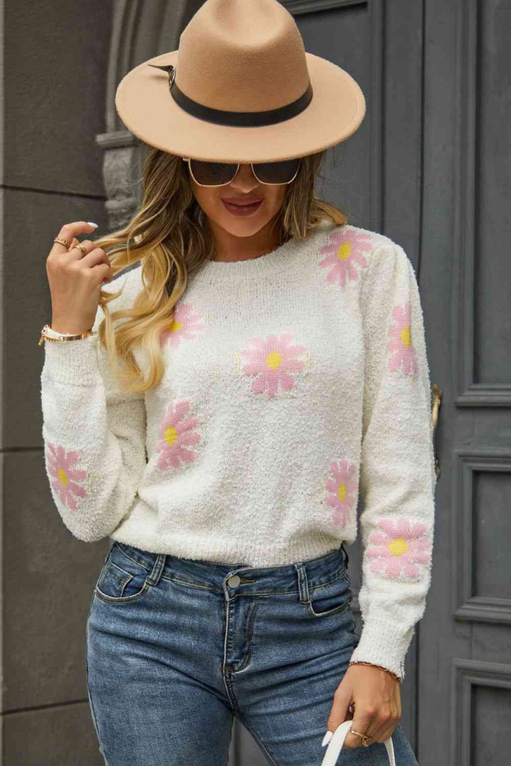 Flower Pattern Round Neck Short Sleeve Pullover Sweater