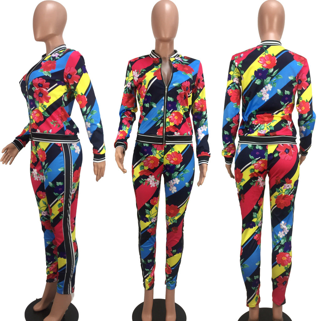 Floral Print Zipper Jacket Pants 2 Piece Set