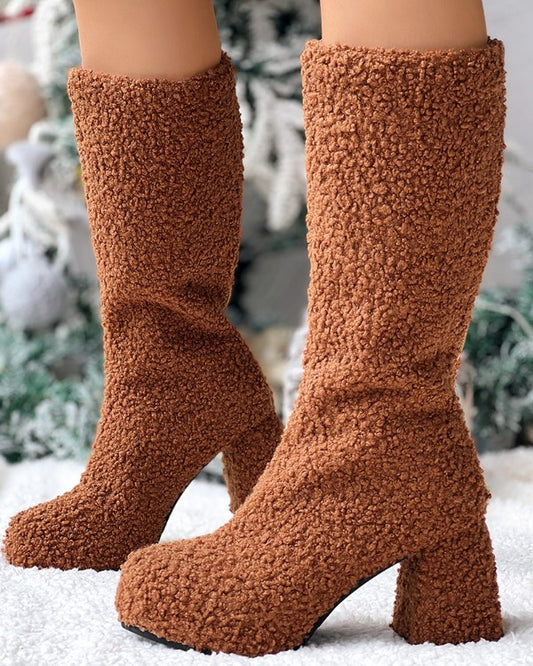 Chunky Heel Calf Teddy Boots