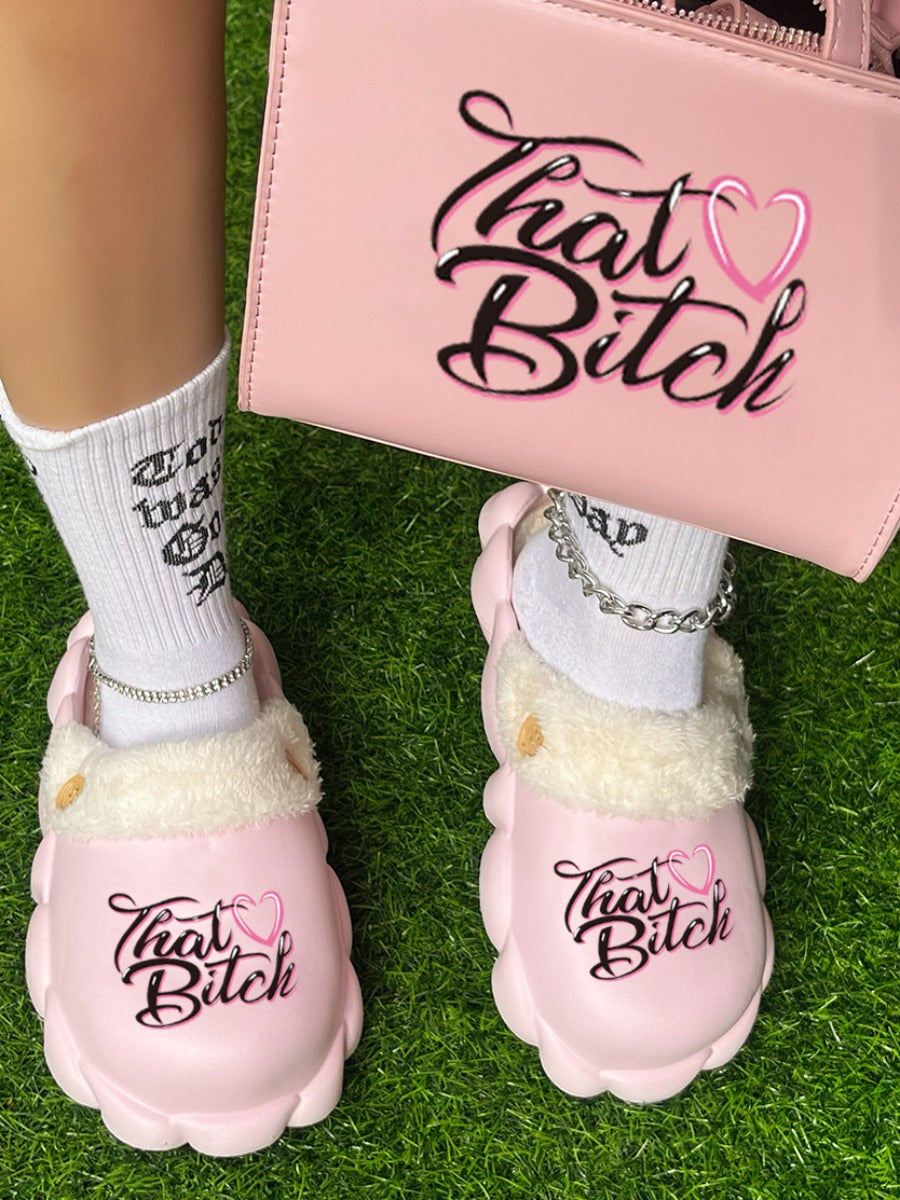 That B!tc# Heart Letter Print Plush Slippers