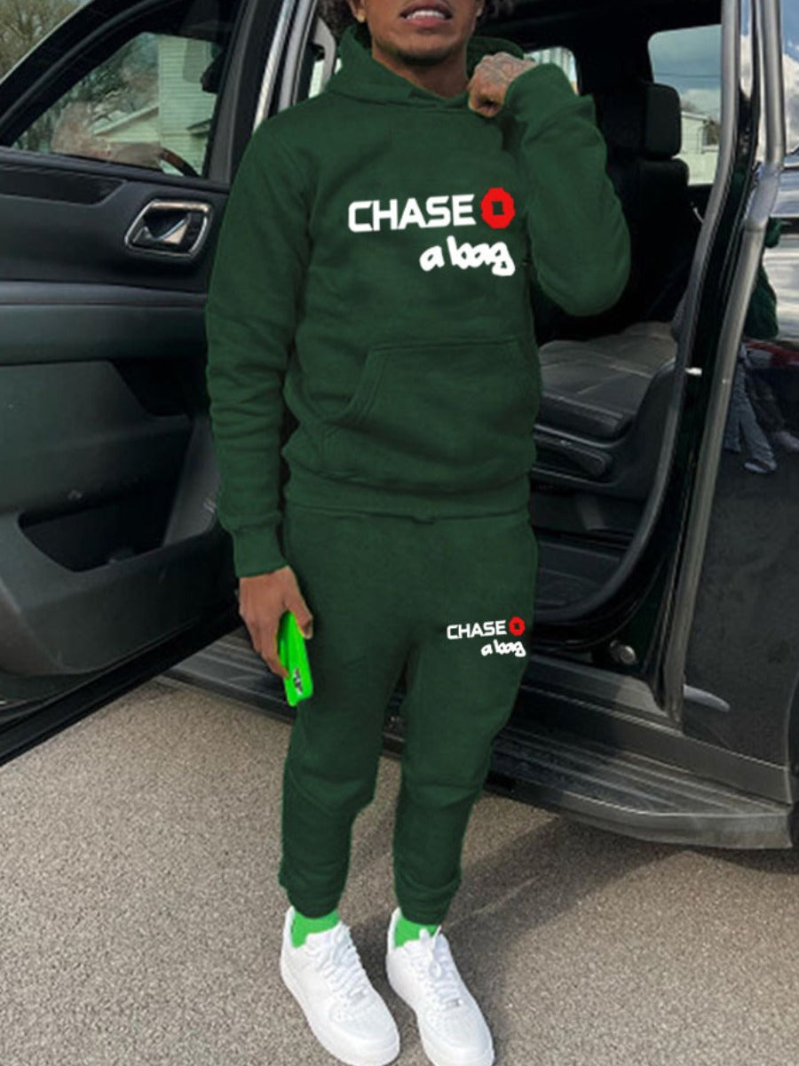 Chase A Bag Men Letter Print Kangaroo Pocket Tracksuit Set