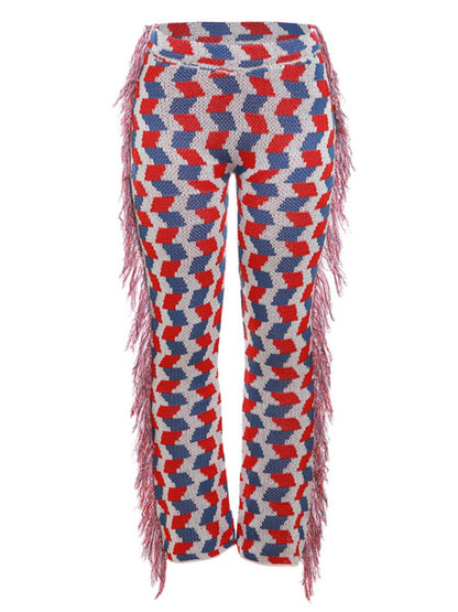 God Bless America Plaid Print Tassel Design Knit Flared Pants